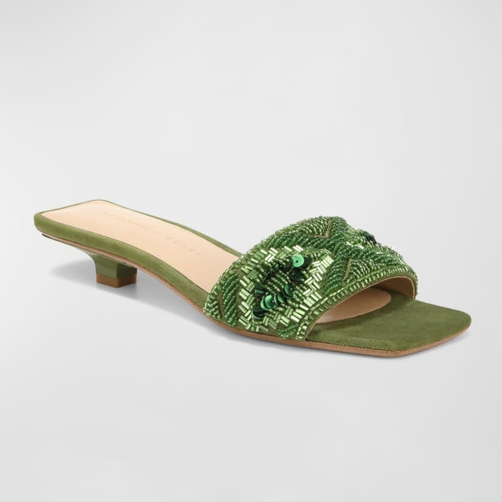 VERONICA BEARD Finlee Beaded Suede Mule Sandals Palm Green Size 5.5